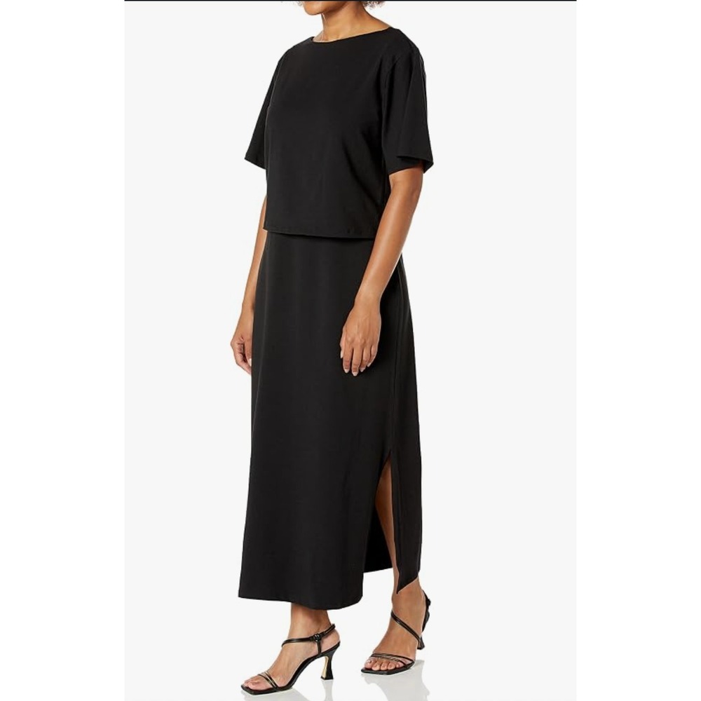 Theory Layered Midi Dress Womens Large Black Modal Blend Minimal Quiet Luxury